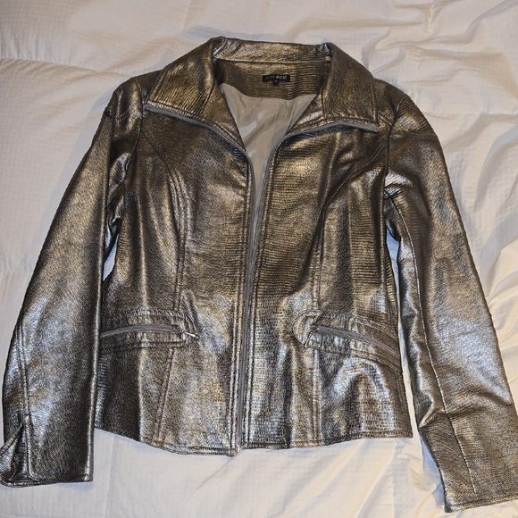 600 West Jackets & Blazers - 600 WEST Metallic Silver Textured Faux Leather Jacket